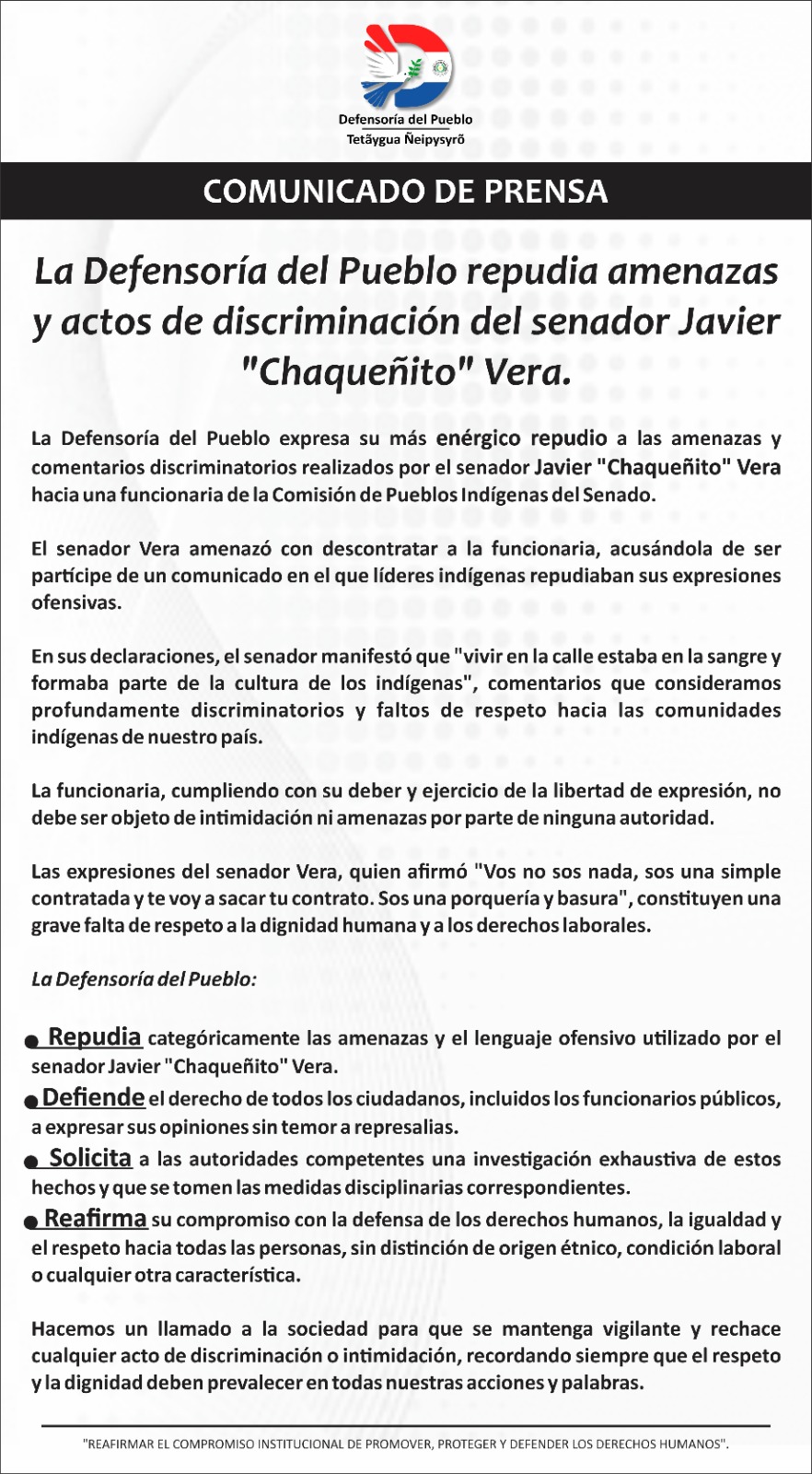 Defensoría repudia expresiones de discriminación y amenazas del senador "Chaqueñito"  Vera 